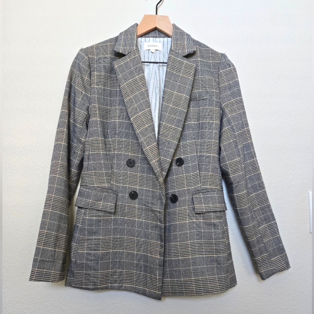 Plaid Double Breasted Long Blazer Classic Preppy Size XS